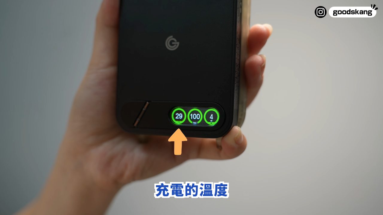 行動電源下方的小螢幕顯示溫度、電量與功率